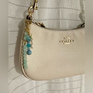 Blue Aqua Beach Beaded Bag Charm Keychain with Pearl and Shell Detail